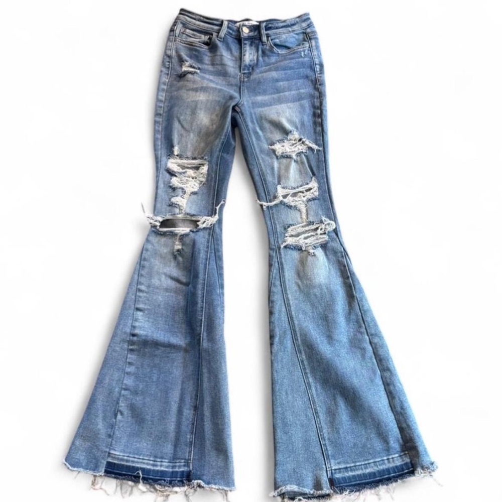 Flying Monkey Distressed Flare High Rise Jeans in Blue